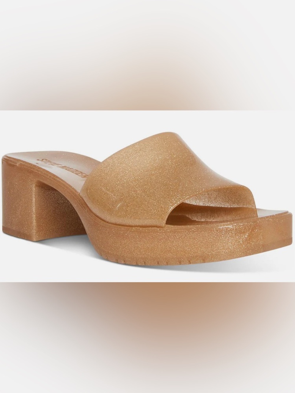 Steve Madden Glitter Gloss Jelly Slide Block Heel Sandal - Gold/Tan: Size 8